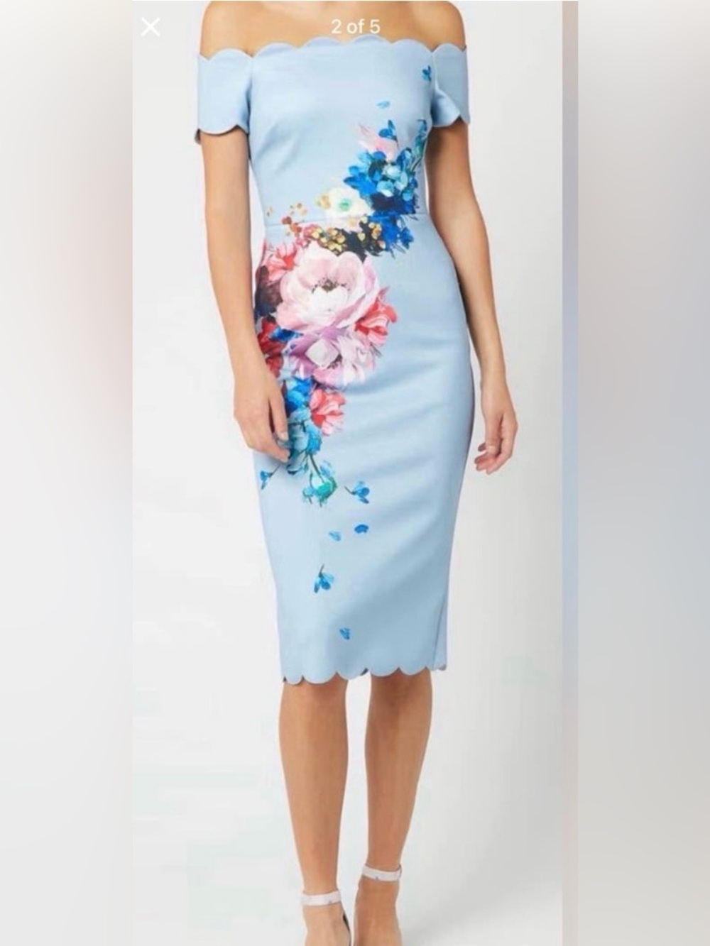 Ted Baker Hailly Bardot Dress in Raspberry Ripple Print Bardot Floral Midi Dress